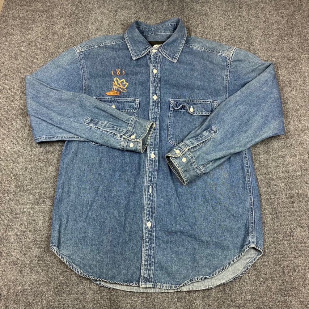 Rafaella LEI Jeans Denim Button Down Shirt Blue Western Cowboy Embroidered Large